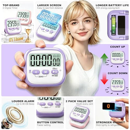 Antonki 2 Pack Classroom Timers for Kids Teachers, Magnetic Countdown Digital Kitchen Timer for Cooking, Study, Exercise, Games, Time Mangement - Loud/Silent Mode - Battery Included - color: 2* Pink & Purple ( Girls Favorite )