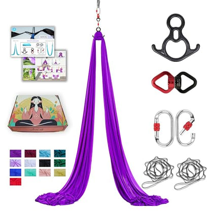 11 Yards Aerial Silks for home aerial yoga hammock Aerial Silks Kit | Aerial silks for gymnastics aerial yoga swing starter set - color: DARK PURPLE