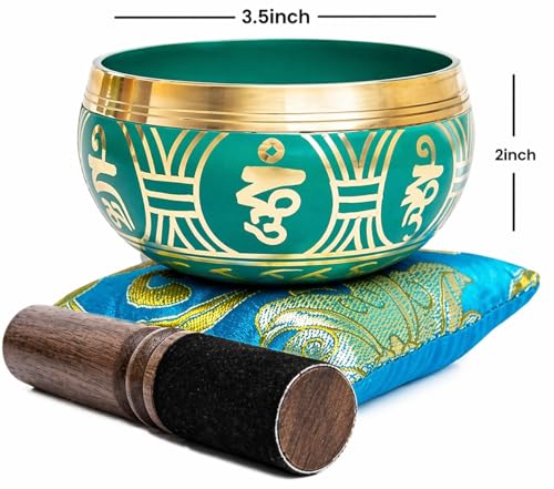 Tibetan Singing Bowl Set - Authentic Handcrafted Mindfulness Meditation Holistic Sound 7 Chakra Healing by Himalayan Bazaar (Turquoise) - color: Turquoise Blue