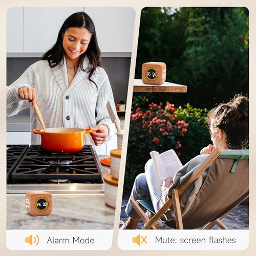 Rotating Productivity Cube Timer, 5/25/10/50 Min Presets, Wood Grain | Gravity sensor with mute function; ADHD-friendly desk timer for work, study, kitchen and back to school - color: Wood Grain Finish