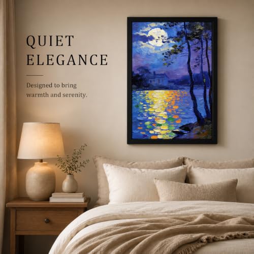 Seaofcity Moonlit Lake Landscape Wall Art, Framed Wall Art for Living Room, Night Blue Scene with Moon Reflection and Distant Cabin, Oil Painting on Canvas, Black Wood Frame, 12" W x 16" L - color: Moonlit Water Lilies, size: 16"l X 12"w