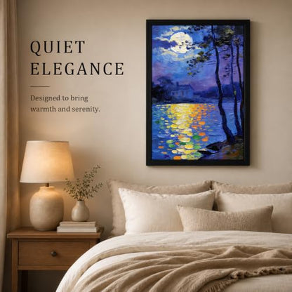 Seaofcity Moonlit Lake Landscape Wall Art, Framed Wall Art for Living Room, Night Blue Scene with Moon Reflection and Distant Cabin, Oil Painting on Canvas, Black Wood Frame, 16" W x 24" L - color: Moonlit Water Lilies, size: 24"l X 16"w