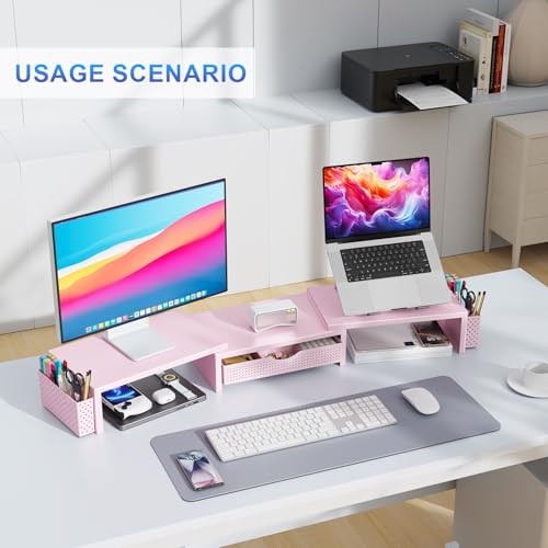 gianotter Dual Monitor Stand Riser With Drawer and 2 Pen Holders - color: Pink