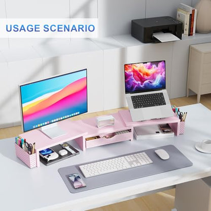 gianotter Dual Monitor Stand Riser With Drawer and 2 Pen Holders - color: Pink