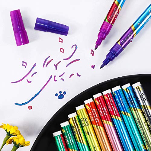 Outus 12 Metallic Marker Pens, Double Line Paint Markers for Black Paper | Glitter Dual Tips, Vivid Ink for Card Making, Scrapbook, Photo Album, Signature Lettering, Art Projects on Dark Surfaces