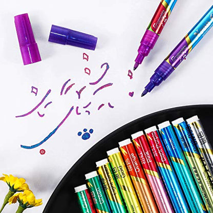 Outus 12 Metallic Marker Pens, Double Line Paint Markers for Black Paper | Glitter Dual Tips, Vivid Ink for Card Making, Scrapbook, Photo Album, Signature Lettering, Art Projects on Dark Surfaces