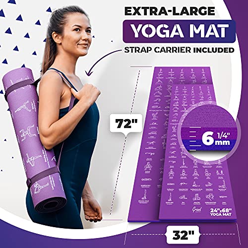 Instructional Yoga Mat with Carrying Strap: Cute Yoga Mat with 75 Illustrated Yoga Poses + 75 Easily-Followed Stretching Exercises - 1/4” Thick, Non-Toxic, Non-Slip Yoga Mats for Women and Men - color: Blue/Purple (72" x 32")
