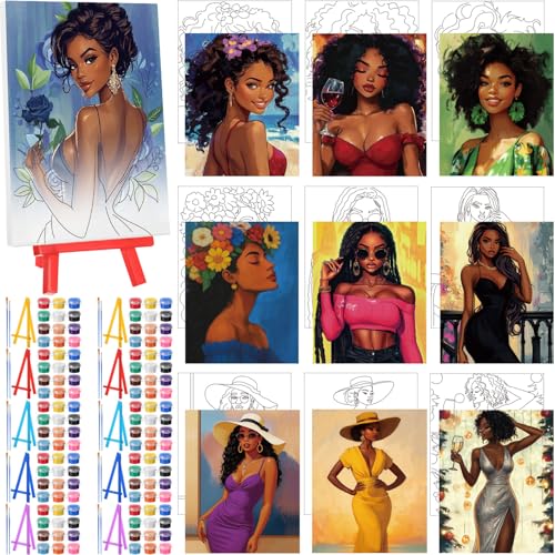Blosssound 10 Set Charming Lady Pre Printed Canvas Pre Drawn Canvas Painting with Easel Kits 5" x 7" Sip and Paint Party Kit for DIY Art, Adult's Date Night - style: Charming Lady