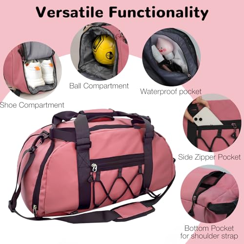 Womens Gym Bag, 30L Medium Size Sports Duffle Bag Backpack, Pink | with Ball Storage & Shoe Compartment & Wet Pocket & Yoga Mat Holder & Backpack Straps, Lightweight, Waterproof, Multi-Pocket