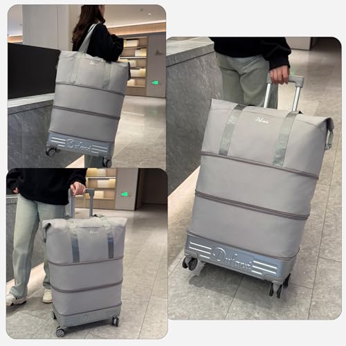 Expandable Rolling Travel Bag with Removable Wheels & Handle, Large Capacity Wheeled Duffle Tote, Foldable Carry On Luggage for Women, Lightweight Weekender Overnight Bag (Grey) - color: Grey