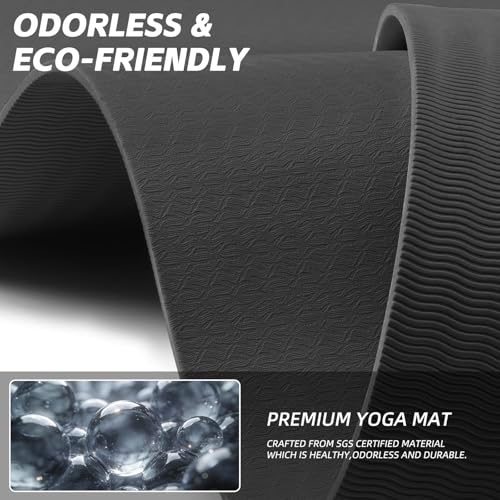 PAIDU Extra Long Wide Yoga Mat, （10mm） Thick Non-Slip Exercise Mat 76"x33" | large mat, ideal for yoga, Pilates & home gym, with non-slip grip & cushioning for all exercises. - color: Black