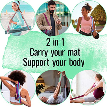 TECEUM Bundle of 2 Items – Yoga Mat Strap Green Avocado 64 IN & Stretching Strap for Yoga Light Green Polypropylene 1” – Mat Holder Sling For All Mats – Leg Strap for Exercising, Physical Therapy