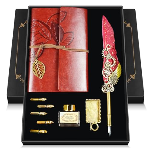 Feather Quill Pen and Ink Set,Calligraphy Set with Leather Journal Notebook | Feather Pen,5 Gold Nibs,Pen Holder,Ink,Antique Calligraphy Kits for Beginners Christmas Gift - color: Red