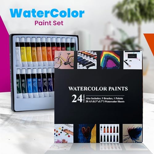 AEM Hi Arts Washable Watercolor Paint Set - 48-Piece Assorted Colors Kit - Includes 24 Tubes, 3 Brushes, 20 Sheets & Palette - Safe Odorless Paints & Carrying Case