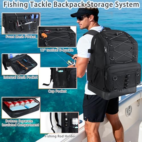 Fishing Backpack with Tackle Boxes and Rod Holder, Cooler, 30L Large Tackle Bag with Fishing Gear Lures Kit, Waterproof Bottom tackle Backpack Fish Set Gifts for Men Women-Black Back Pack - color: All Black