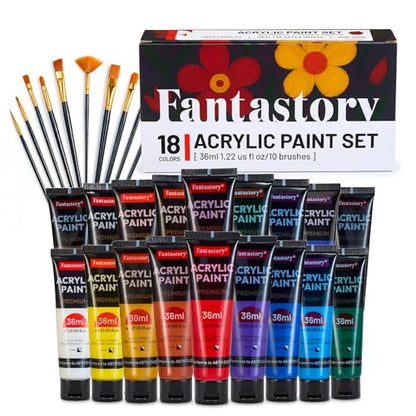 Fantastory 36ml 18 Colors Professional Acrylic Paint Set with 10 Brushes | Designed for Demanding Projects on Canvas, Wood, Stone, and Model Building - style: 18 Colors