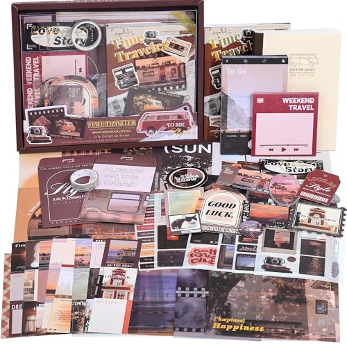 Scrapbooking Supplies Kit, Aesthetic Daily Life Travel Scrapbook Kit for Bullet Junk Journal, Stationery, A6 Grid Notebook, Flower DIY Journaling Supplies, Birthday Craft Gift Teen Girl Women - color: Traveler