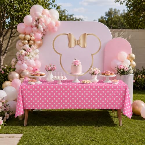 Blue Orchards Pink Polka Dots Table Cover (Pack of 3 with 20 Glue dots) - 54"x108" XL - Pink and White Dots Plastic Tablecloth, Girl Decoration, Baby Shower, Cartoon Themed Birthday Party Supplies - color: Pink Polka Dot (Pack of 3)