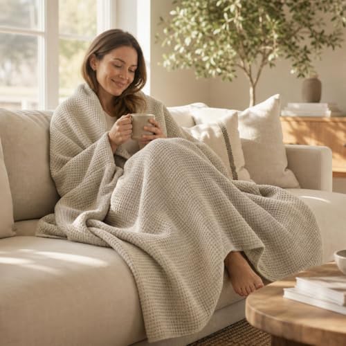 Pure 100% Linen Throw Blanket 50x60-inch Waffle Weave Linen Beach Blanket - color: Natural Linen, size: Throw Blanket