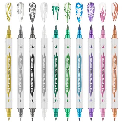 10 Color Metal Giltter 3D Nail Art Pens Set Kalolary Double-ended | Nail Point Dotting Pen Drawing Painting Liner Brush for DIY Nail Art Beauty Adorn Manicure Tools(G) - color: G