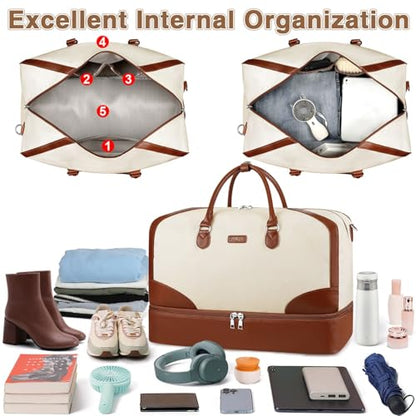 ITIEZY Weekender Bag for Women 21.5" Travel Duffel Large Carry On Bag 3PCS | Nylon Duffel Bag with Waterproof Shoe Compartment, Crossbody Bag and Toiletry Bag, Travel Weekend Hospital Overnight Gym Bag - color: 9-Beige