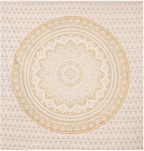 Queen Gold Ombre Tapestry Indian Mandala Art Hippie Wall Hangings Bohemian Bedspread with Metallic Shine Cotton Printed Wall Hanging Dorm Decor Tapestries