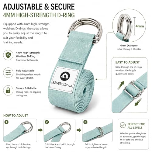 Yoga Strap for Stretching, Non-Elastic Yoga Belt with D-Ring - color: Aqua Green, size: 6Feet/1.8M
