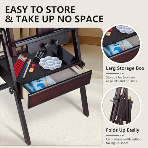 Beech Wood H-Frame Painting Easel with Storage Drawer, Walnut | Heavy-duty Studio Easel, Adjustable Height & Angle Floor Easel Stand, Holds 30"-48" Canvas, Foldable Artist Easel for Adults - color: Walnut