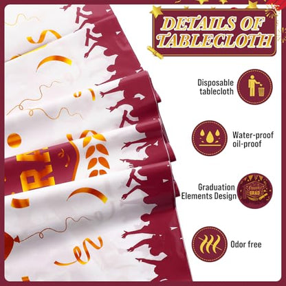 Kinlop 3 Pcs Graduation Tablecloths Class of 2026 Graduation Party Decoration Supplies 51" x 108" Plastic Congrats Grad Table Covers Disposable Graduate Tablecloths(Maroon, Gold) - color: Maroon, Gold