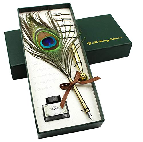 Peacock Feather Pen Set Antique Calligraphy Writing Quill Ink Dip Pen with Holder, Ink and 5 Replacement Nibs in Gift Box-Christmas Gifts