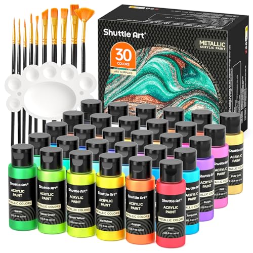 Shuttle Art 30 Colors Metallic Acrylic Paint, Artist Grade Metallic Paint in Bottles (60ml, 2oz), Rich Pigmented, High Viscosity, Non-Toxic for Artists, Beginners on Rocks Crafts Canvas Wood Fabric - color: Metallic, size: 2 Fl Oz (Pack of 30)