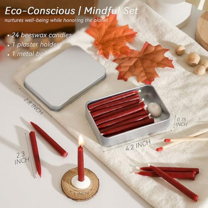 20 Minute 100% Pure Beeswax Candles, Mini Mindful Meditation Taper Candles, Smokeless & Dripless with Holder for Yoga, Prayer, Relaxation (Red,24 Pack) - color: Red