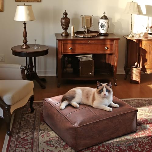 Vintage Leather Square Floor Cushion for Adults,Brown