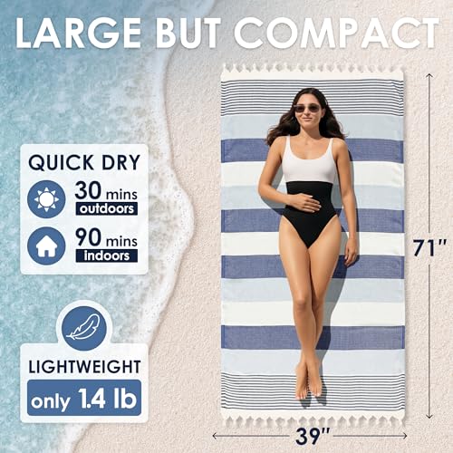 ATANI Turkish Beach Towel, Converts to a Bag, Oversized 100% Cotton Bath Towels Lightweight Quick-Dry Beach Blanket for Travel, Picnic, Camping, Yoga and Pool (Blue, 71 inc x 39 inc) - color: Blue, size: 71 inc x 39 inc