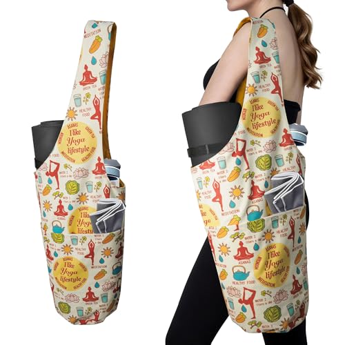 CosInStyle Heavy Duty Cotton Canvas Yoga Bag with Multi-Pocket Organizer, Large Capacity Gym Sports Bags, With 2 Bonus Mat Straps - color: Colorful