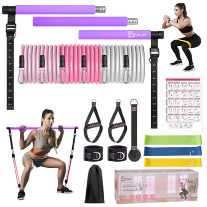 Bbtops Pilates Bar Kit with Resistance Bands,Pilates Bar with Stackable Bands Workout Equipment for Legs,Hip,Waist and Arm,Exercise Fitness Equipment for Women & Men Home Gym Yoga Pilates - color: Violet