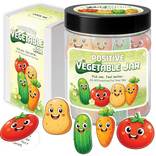 Positive Vegetable Affirmation Jar with Pickle, Tomato & Carrot, 60 Cards | Daily Positive Affirmations Cards, 30th 40th 50th 60th Birthday Gifts for Women, Teen Girls, Self Care Gift, Cute Desk Decor - color: KAT-K-Positive Vegetable Jar