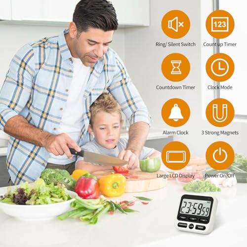 Nkove Digital Kitchen Timer 24 Hour with Clock, Countdown Count Up Timer | Silent/Loud Alarm Switch, Memory Function, Magnetic Feature, Large LCD Display, Portable Timer for Cooking, Baking & Study