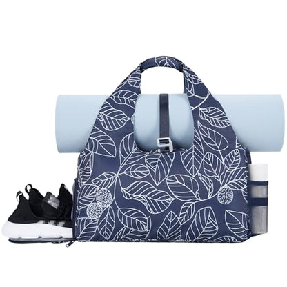 Sportsnew Tote Yoga Mat Gym Bag 20L Women W/Shoe Compartment Wet Dry Pocket | Water-Resistant Gym Tote - Mat Strap, Ventilated Shoe Bin, Wet Pocket, Padded Handle, Multi Pockets, Side Mesh & Key Clip - color: Navy Blue Leaf