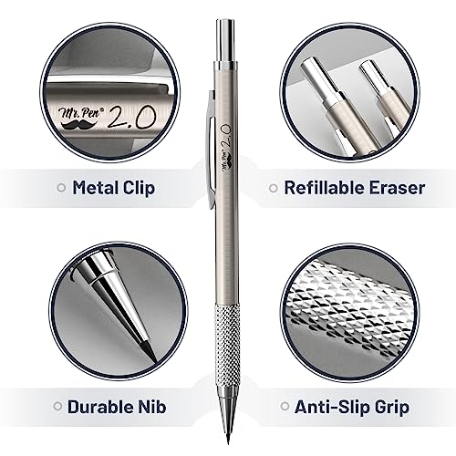 Mr. Pen- Metal Mechanical Pencil Set with Lead and Eraser Refills, 5 Sizes | 0.3, 0.5, 0.7, 0.9, 2mm, Drafting, Sketching, Architecture, Drawing Mechanical Pencils, Metal Mechanical Pencils