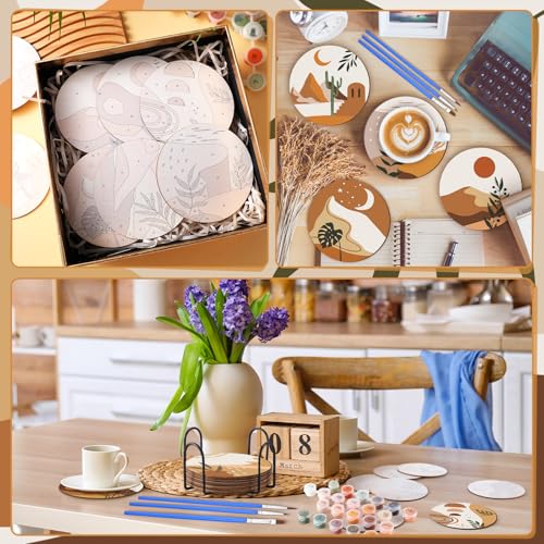 Reallnaive 8 Pcs Boho Paint by Numbers Kit for Adults Wooden Coasters | Mini Paint by Numbers, Tiny Cute Round Oil Painting Drink Coaster with Holder, for Small DIY Craft Birthday Gift - style: Boho