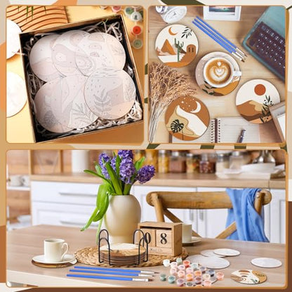 Reallnaive 8 Pcs Boho Paint by Numbers Kit for Adults Wooden Coasters | Mini Paint by Numbers, Tiny Cute Round Oil Painting Drink Coaster with Holder, for Small DIY Craft Birthday Gift - style: Boho