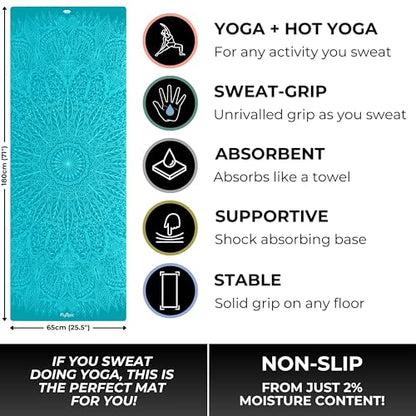 Plyopic All In One Yoga Mat | Luxury Sweat-Grip Mat/Towel Combo | Ideal for Yoga, Hot Yoga, Bikram, Pilates, Workout & Exercise | Eco-Friendly Natural Rubber - color: Mandala Turquoise