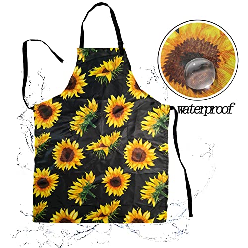 Adjustable Waterproof Apron Bib Apron with 2 Pockets Cooking Kitchen Aprons for Women Men Chef - color: Sunflowers