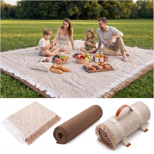 Genovega 2 in 1 Extra Large Rug Outdoor Picnic Blanket Waterproof Woven Boho Mat Giant Beach Towel Travel Essential Yoga Accessories Park Patio Lawn Garden Ground Music Festival Concert Must Have - color: Brown, size: 80"x80"