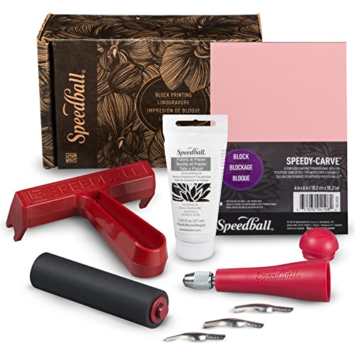 Speedball Block Printing Fabric Starter Kit, 7 Pieces – Includes Ink, Hard Brayer, Lino Handle and Cutters, Speedy-Carve Relief Carving Rubber - size: 7 Piece Fabric Kit