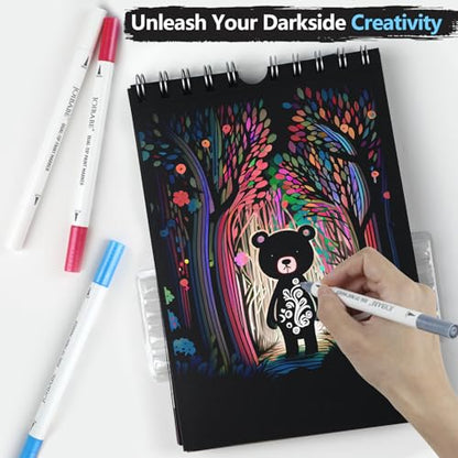 Black Paper Sketchbook Set：5.5" x 8.5" 100GSM Aicd-free 35 Sheets Black Paper Sketchbook & 4 Dual-tip Acrylic Marker Set for Drawing, Sketching, & Journaling