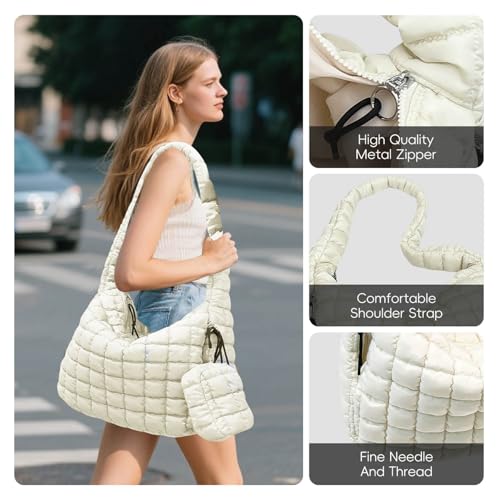 Puffer Tote Bag for Women, Large Quilted Puffer Bag with Pouch, Puffy Quilted Hobo Bag, Puff Crossbody Purse - color: 2-white