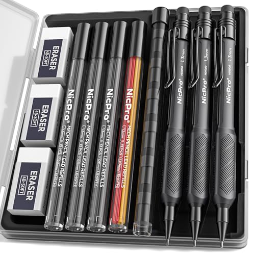 Nicpro 1.3 mm Mechanical Pencils Set, HD1000 1.3 Lead Pencil, 3 Pcs Black | 48 Refill, 3 Eraser -Weatherproof Barrel Pencil, Heavy Duty Carpenter Pencil for Outdoor Marking Drafting Drawing Woodworking - color: Black, size: 3 Pack
