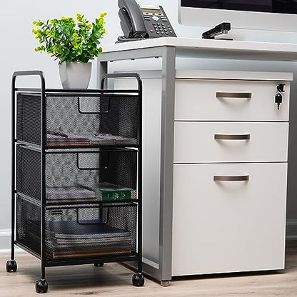 Mind Reader Office Storage Organizer with Mesh Drawers and Optional Wheels, Desktop and Under Desk Use, Metal Mesh, Black - style: 3-Drawers